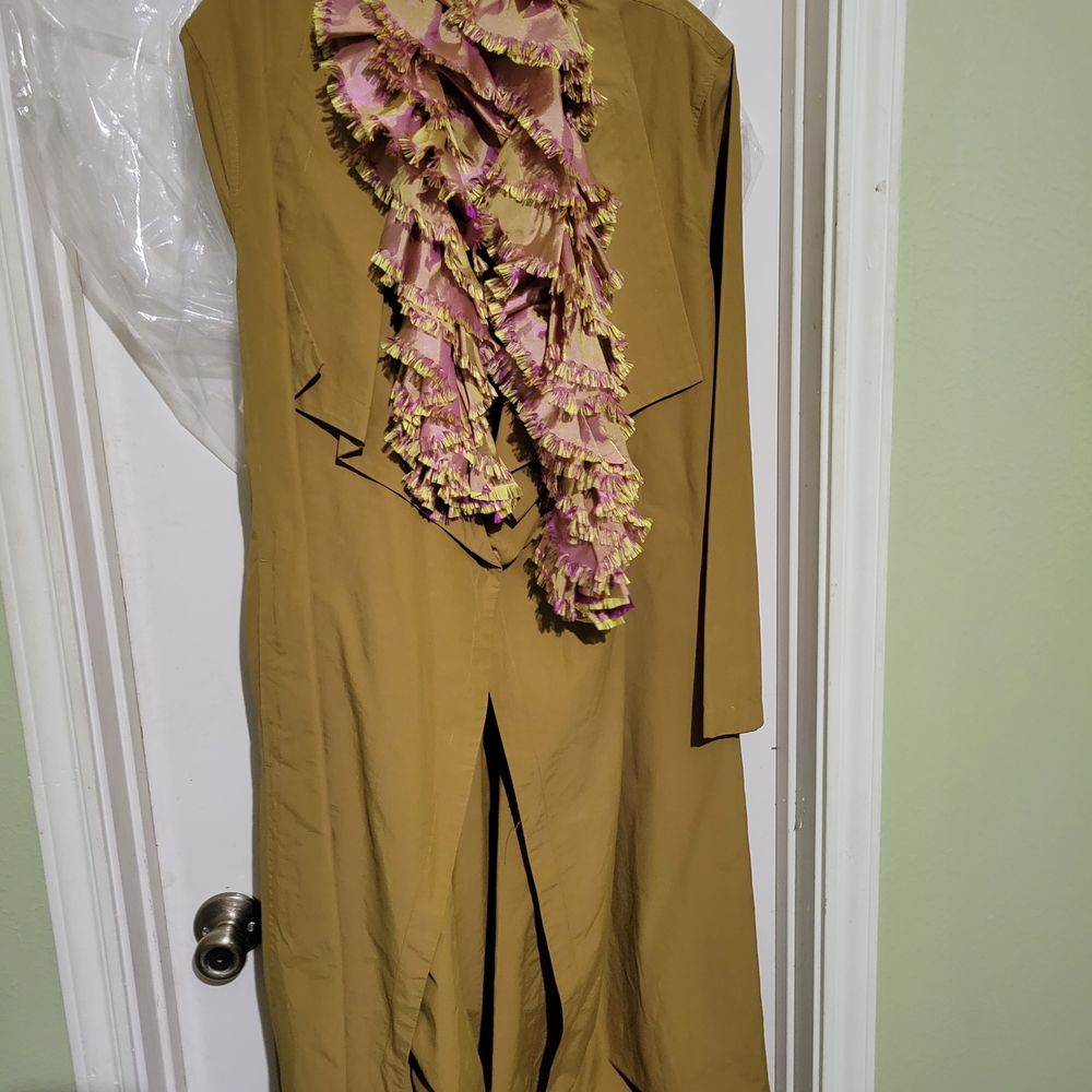 Eileen Fisher Stylish Tan Coat with Pink Ruffle Accent